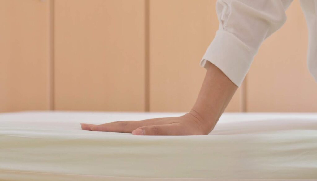 マットレスの特徴を確かめている