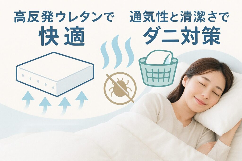 テーマ：ごくみんマットレスの素材とダニ対策 要素：高反発ウレタンを示すイメージ、通気性を表す矢印や風のアイコン、洗濯可能なカバー、安心して眠る人物 雰囲気：清潔感と安心感を重視した柔らかいデザイン（白・水色・淡い緑を基調） テキスト要素：「高反発ウレタンで快適」「通気性と清潔さでダニ対策」