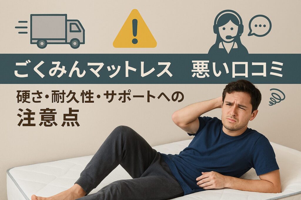 テーマ:ごくみんマットレスの悪い評判・口コミを整理し、注意点をわかりやすく伝えるビジュアル 要素:マットレスに寝る人が違和感を持つ様子、配送トラックやサポート対応をイメージするアイコン、注意マーク 雰囲気:落ち着き・信頼感・客観性 テキスト要素:「ごくみんマットレスの悪い口コミ」「硬さ・耐久性・サポートへの注意点」