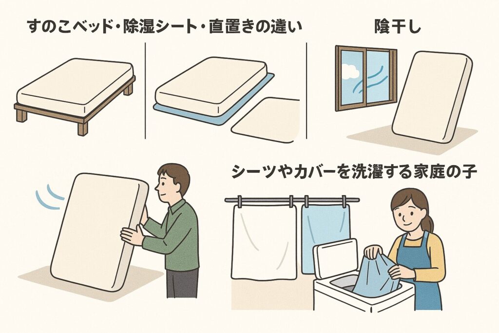 1. 「すのこベッド・除湿シート・直置きの違いを図解するイラスト」 2. 「窓を開けて換気し、マットレスを立てかけて陰干しするイメージ図」 3. 「シーツやカバーを洗濯する家庭の様子のイラスト」