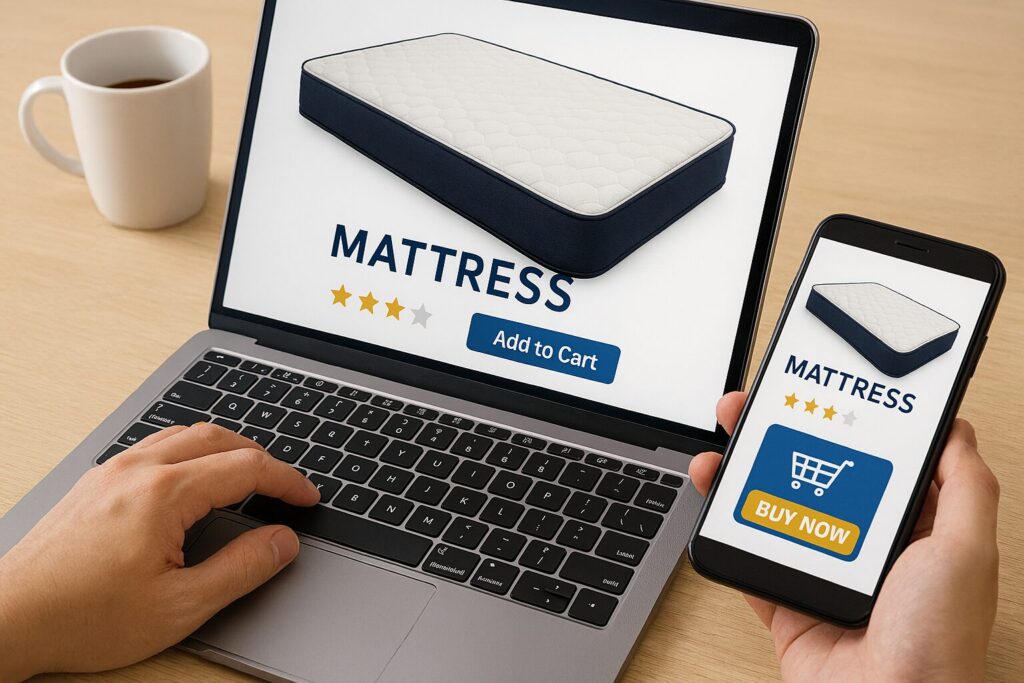 ・パソコンやスマホでマットレスを注文しているイメージ