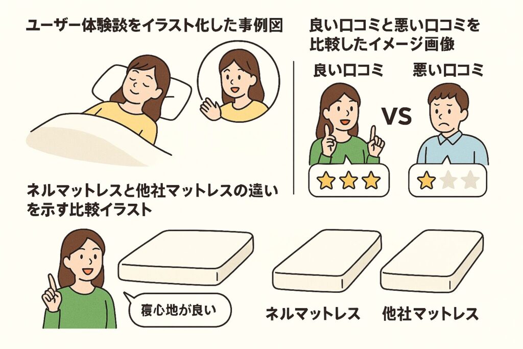 1. 「ユーザー体験談をイラスト化した事例図」 2. 「良い口コミと悪い口コミを比較したイメージ画像」 3. 「ネルマットレスと他社マットレスの違いを示す比較イラスト」