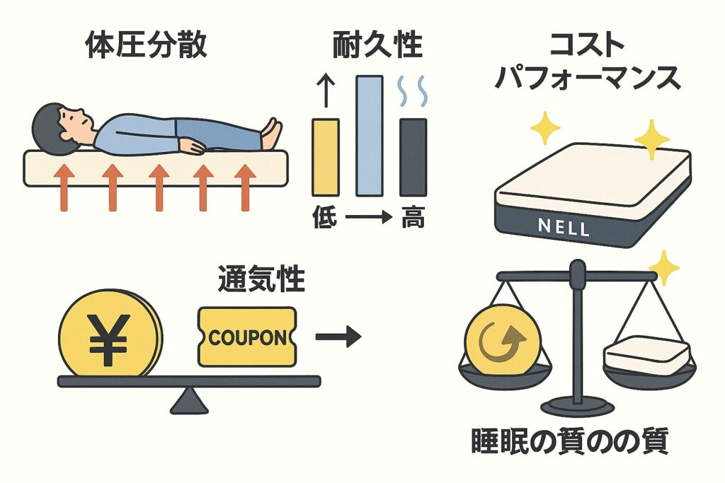 ネルマットレス性能バランス 1,「体圧分散を示すイメージ図（腰や肩に均等に力がかかる）」 2,「価格帯ごとの耐久性と通気性を比較するイラスト」 3,「値段と睡眠の質を天秤にかけたコストパフォーマンス