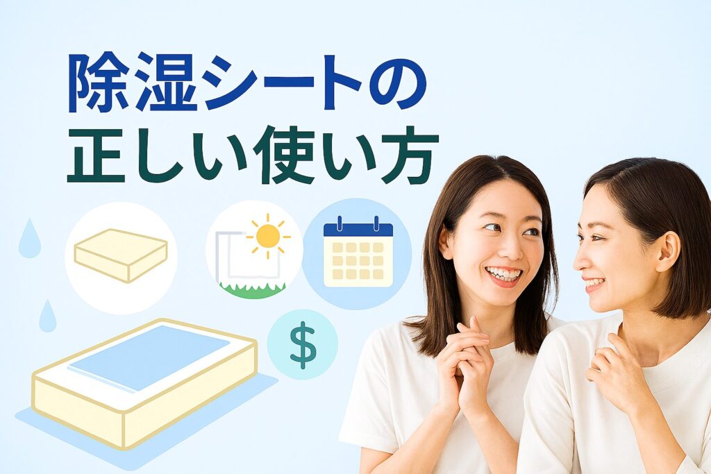 テーマ：除湿シートの正しい使い方 要素：マットレスの下に敷かれた除湿シート、天日干しのイメージ、寿命を示すカレンダーアイコン 雰囲気：爽やか・清潔感・安心感（ブルーやホワイトを基調） 人物像：30代の女性二人が懇談している様子