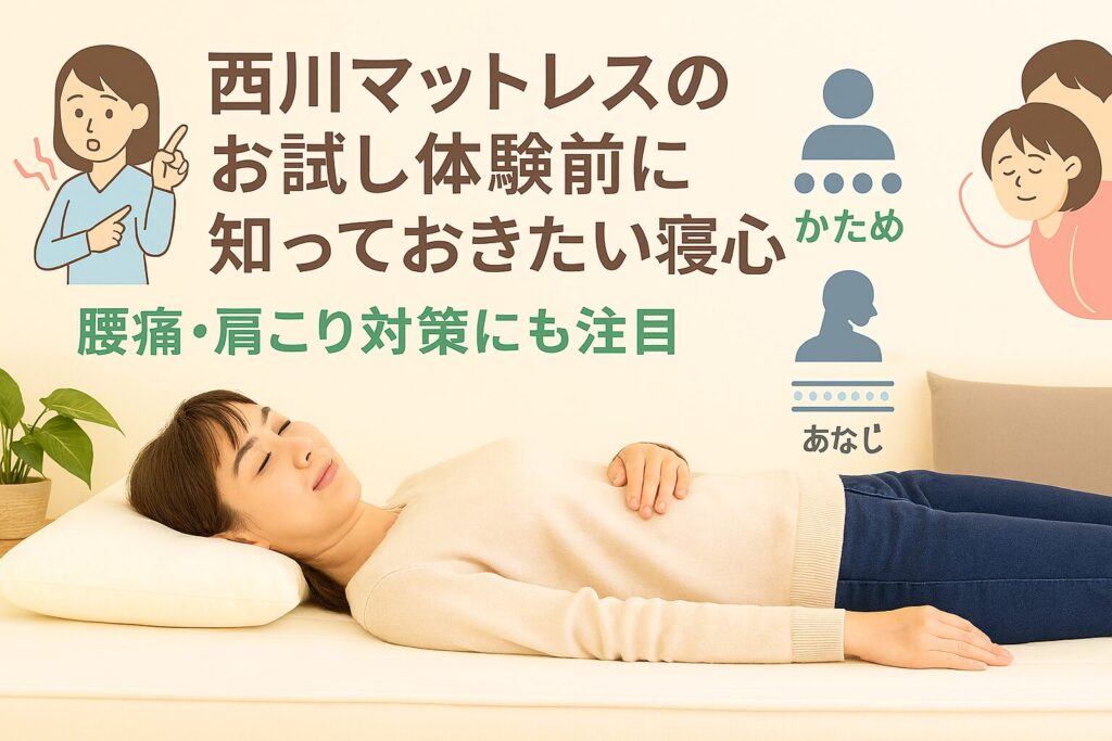テーマ:西川マットレスのお試し体験前に知っておきたい寝心地と効果 要素:ベッドに横になる人物、腰や肩を指さすイラスト、硬さ比較のアイコン、他社との比較イメージ 雰囲気:やさしく安心感のあるデザイン テキスト要素:「腰痛・肩こり対策にも注目」