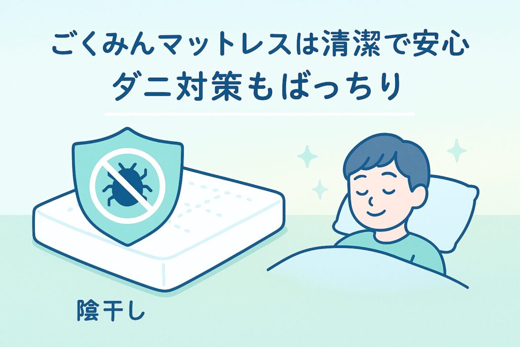 テーマ：ごくみんマットレスのダニ対策と安心感 要素：マットレス、ダニ対策を示すアイコン（シールドや清潔感のあるデザイン）、安心して眠る人物のイラスト 雰囲気：清潔感・安心感・リラックスを与えるトーン（白・水色・淡いグリーンを基調） テキスト要素：「ごくみんマットレスは清潔で安心」「ダニ対策もばっちり」