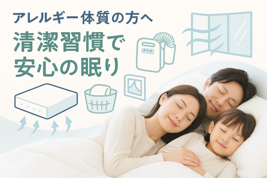 テーマ：アレルギー体質の人向けのマットレスの使い方と注意点 要素：マットレス、洗濯可能なカバー、布団乾燥機、換気をイメージした風のアイコン、家族が安心して眠っている画像 雰囲気：清潔感があり、やさしく安心できるデザイン（白・淡いブルー・グリーンを基調） テキスト要素：「アレルギー体質の方へ」「清潔習慣で安心の眠り」