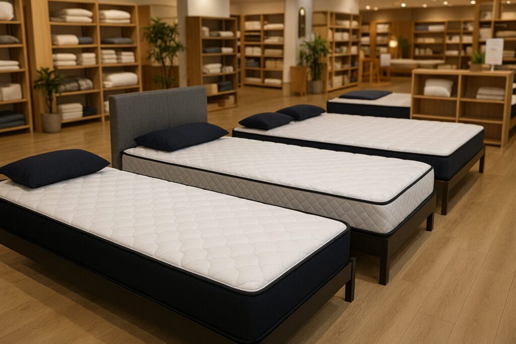 マットレス売り場のイメージ図 家具店や寝具店の売り場で、複数のマットレスが並んでいる雰囲気を表現