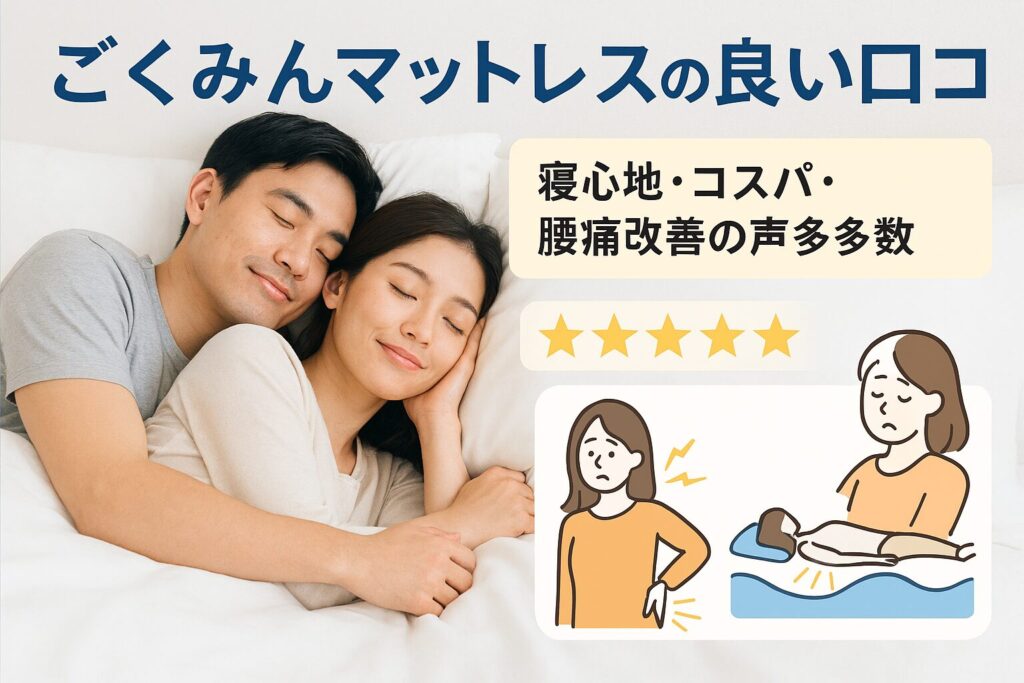 テーマ:ごくみんマットレスの良い評判・口コミを紹介する安心感のあるビジュアル 要素:快適に眠る男女、腰や肩が楽になった様子を示す画像、口コミ評価をイメージさせる星マークやレビュー枠 雰囲気:リラックス・信頼感・清潔感 テキスト要素:「ごくみんマットレスの良い口コミ」「寝心地・コスパ・腰痛改善の声多数」