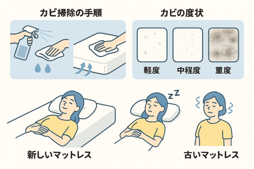 1. 「カビ掃除の手順をイラストで解説する図」 2. 「軽度・中程度・重度のカビ状態を比較するイメージ画像」 3. 「新しいマットレスと古いマットレスの快眠イメージ比較