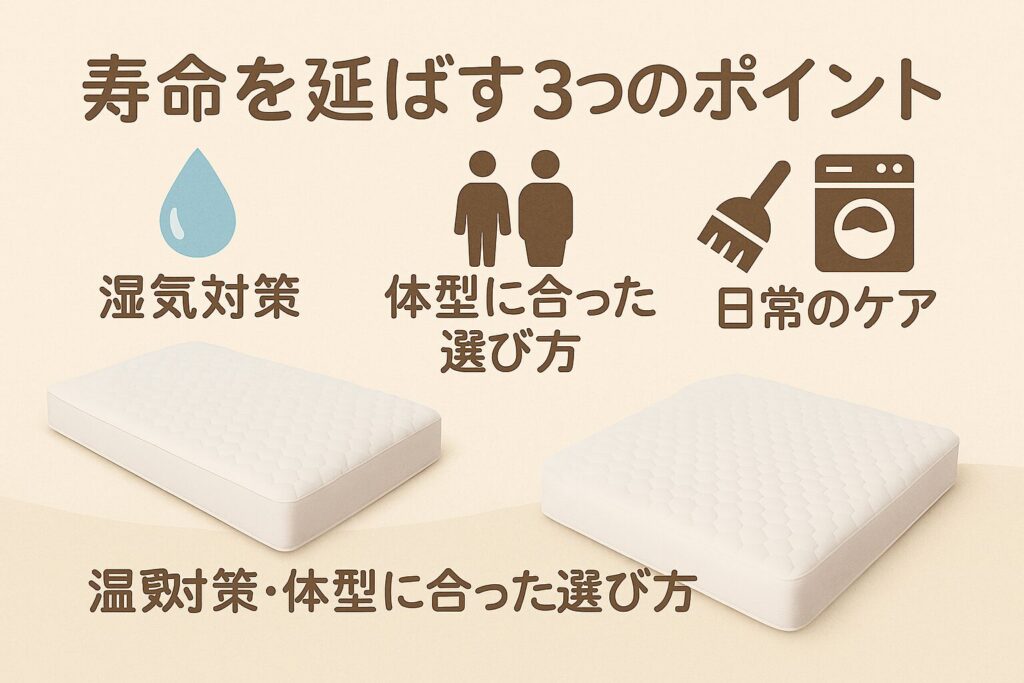 テーマ:西川マットレスの寿命を左右する3つの要因 要素:マットレスの画像、湿気を表す水滴アイコン、体型の違いを表すシルエット、ブラシや洗濯機のアイコン 雰囲気:清潔感があり、安心できるトーン。初心者にもわかりやすい雰囲気 テキスト要素:「寿命を延ばす3つのポイント」「湿気対策・体型に合った選び方・日常のケア」