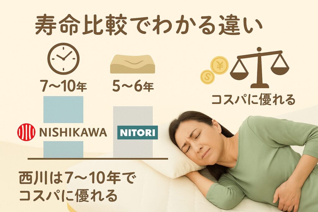 テーマ:西川マットレスと他社製品の寿命比較 要素:3ブランド(西川・ニトリ・エアウィーヴ)のロゴやアイコン、寿命年数を示すグラフや時計アイコン、コスパを表すコインや天秤イラスト 雰囲気:信頼性とわかりやすさを重視したシンプルで清潔感のあるデザイン