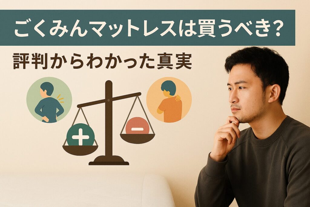 テーマ:ごくみんマットレスのメリット・デメリットを比較し、購入判断をサポートするビジュアル 要素:プラス面とマイナス面を天秤のように対比、腰痛や肩こりを改善するイメージ、購入を検討する人のシルエット 雰囲気:落ち着いたトーンで信頼感がある