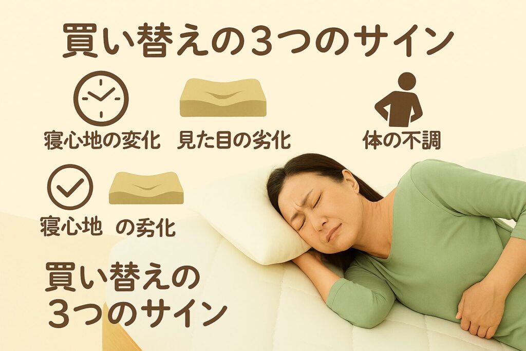 テーマ:西川マットレスの買い替えサイン 要素:ベッドに横たわる人の画像、凹んだマットレスの図、腰や肩を押さえる人のシルエット、チェックマークのアイコン 雰囲気:安心感と信頼感を与えるやさしいトーン、初心者にもわかりやすいビジュアル テキスト要素:「買い替えの3つのサイン」「寝心地の変化・見た目の劣化・体の不調」