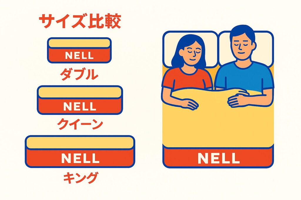 サイズ比較 上から順に ダブル → クイーン → キング と幅が広がる構成左側 右側：二人が並んで眠るイメージ 落ち着いた表情の男女が、黄色のブランケットに包まれて並んで就寝