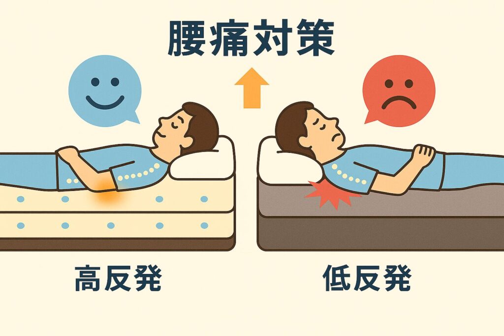 ごくみんマットレスの図解】 「腰痛対策を強調した高反発と低反発の違いを示す比較図」