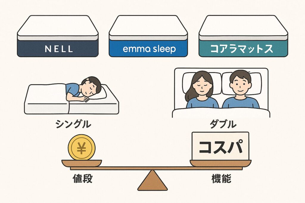 1,「ネルマットレス・エマスリープ・コアラマットレスの3ブランドを並べたイメージ」 2,「一人暮らし用シングル・ゆったり眠れるダブルの寝姿イラスト」 3,「コスパを天秤にかけて比較するイメージ図（値段と機能のバランス）」