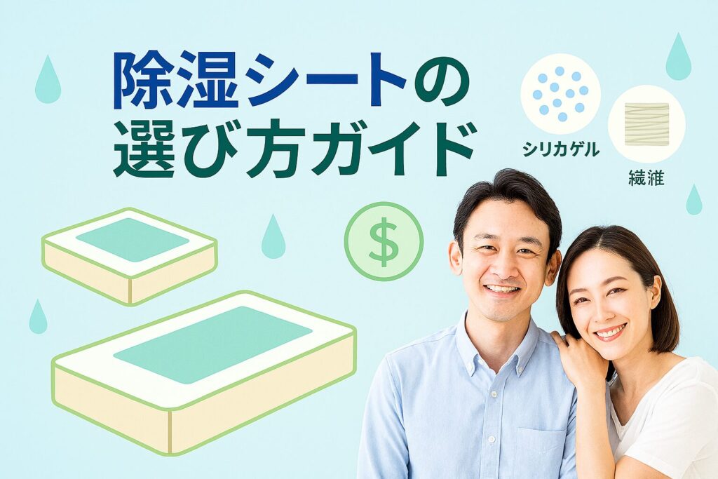 テーマ：「除湿シートの選び方ガイド」 ✅ 異なるサイズのマットレスと除湿シートの比較図 ✅ 素材サンプル（シリカゲル・繊維）と価格帯アイコン ✅ 清潔感・安心感・選びやすさを感じるブルー＆グリーン基調 ✅ 30〜40代男女2人の写真を使用