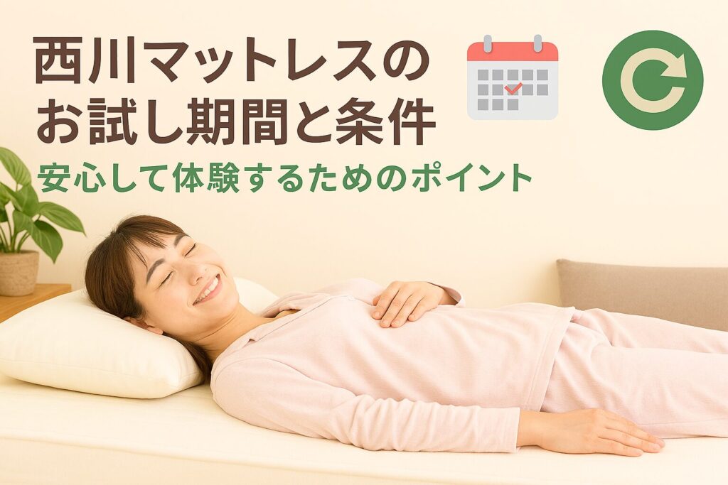 テーマ:西川マットレスのお試し期間と条件 要素:カレンダー、返品アイコン、ベッドで横になる人 雰囲気:信頼感があり、安心できるトーン テキスト要素:「安心して体験するためのポイント」