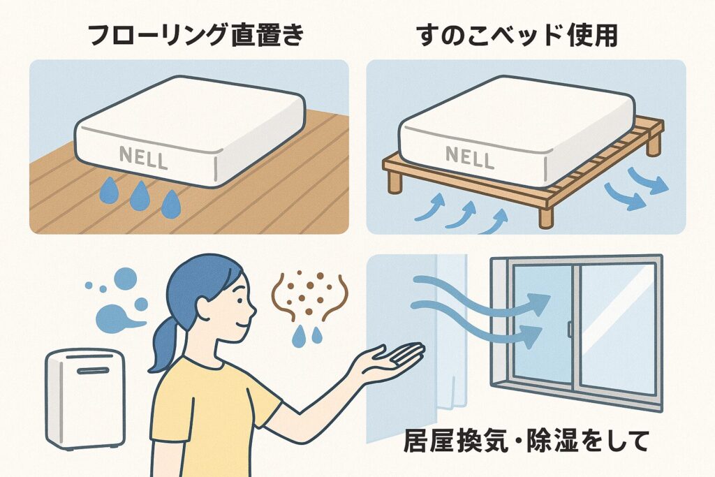 1,「フローリング直置きとすのこベッド使用の湿気比較」 2,「寝汗や皮脂がマットレスに染み込む様子」 3,「部屋の換気・除湿をしている」