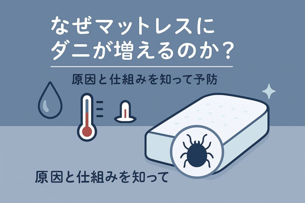 テーマ：マットレスにダニが発生する原因と仕組み 要素：湿気を示す水滴アイコン、温度計、ダニのイラスト、マットレスの断面イメージ 雰囲気：少し注意喚起を感じさせる落ち着いたトーン（ブルーやグレー基調） テキスト要素：「なぜマットレスにダニが増えるのか？」「原因と仕組みを知って予防」