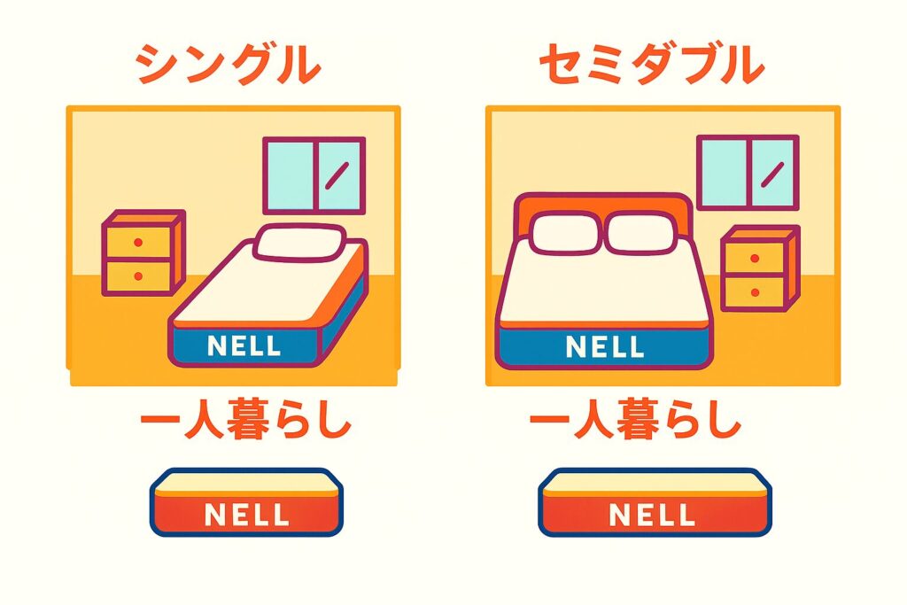 左側：シングルベッド コンパクトで省スペース。家具や動線に余裕があり、狭めのワンルームにもフィット。 右側：セミダブルベッド 横幅にゆとりがあり、寝返りも快適。ただし、部屋のレイアウトには工夫が必要。