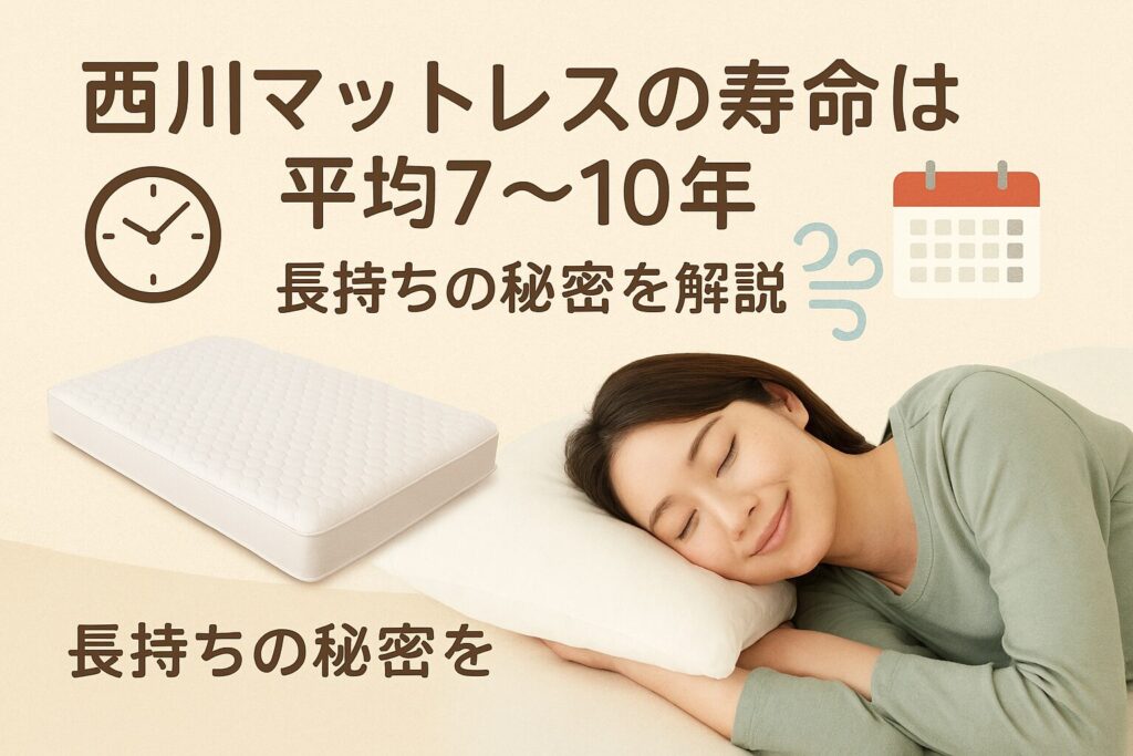 テーマ:西川マットレスの寿命と長持ちの理由 要素:マットレスの画像、時計やカレンダーで寿命を表すアイコン、通気性をイメージする風の線、快眠する人のシルエット 雰囲気:やさしく安心感のあるデザイン、睡眠の質を高める雰囲気 テキスト要素:「西川マットレスの寿命は平均7〜10年」「長持ちの秘密を解説」