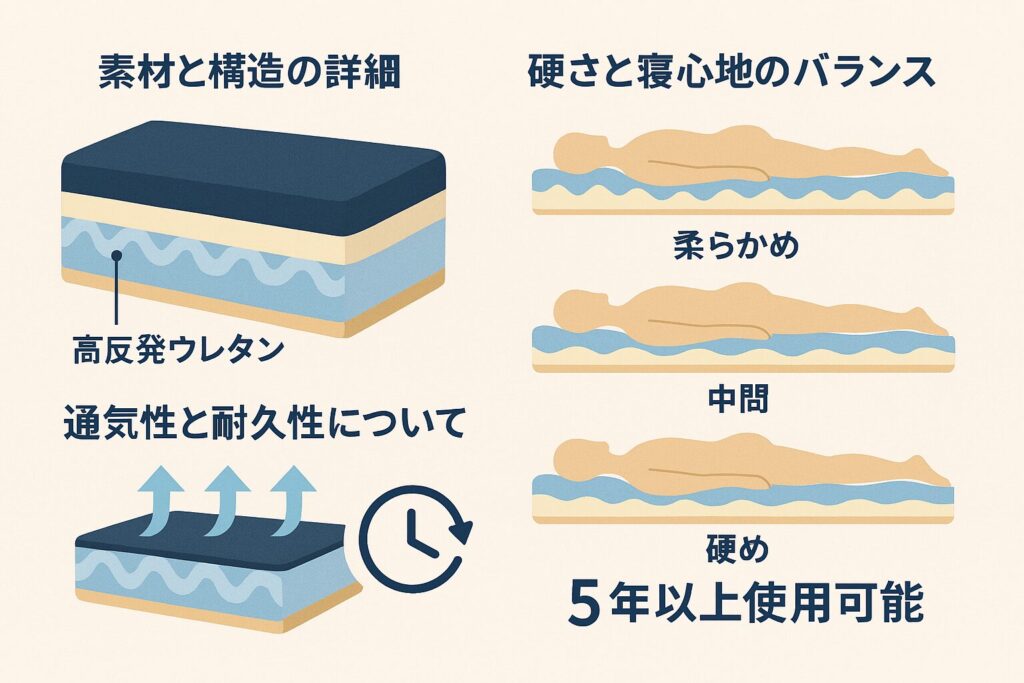 ごくみんマットレスの図解 1. **素材と構造の詳細** → マットレスの断面図イメージ(層構造を視覚的に見せる図) 2. **硬さと寝心地のバランス** → 硬さ別の寝姿勢シルエット比較図(柔らかめ・中間・硬めの体の沈み込みを比較) 3. **通気性と耐久性について** → 通気性を表すイメージ(矢印で空気の流れを表現)や「5年以上使用可能」を示す耐久性イメージ