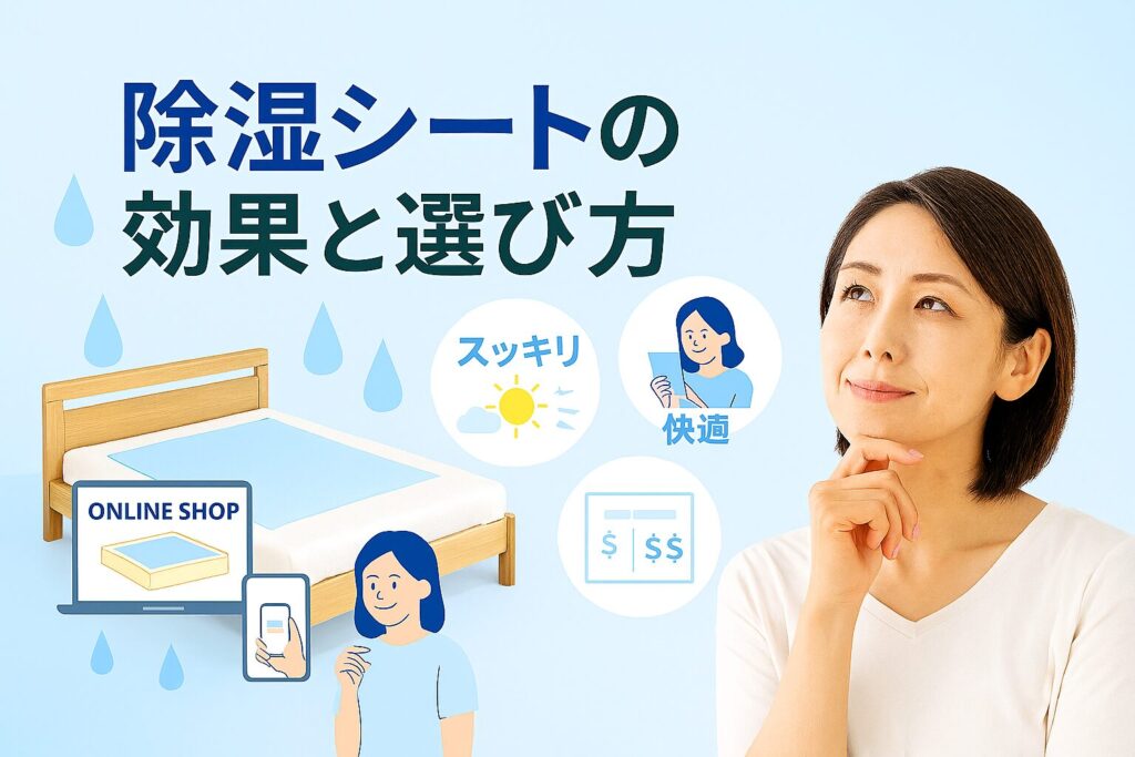 テーマ：マットレス 除湿シートの効果と選び方 要素：・ベッドの上に敷かれたマットレスと除湿シートのイラストまたは写真風画像 ・湿気やカビをイメージさせる青い水滴アイコン ・除湿効果を表す「スッキリ」「快適」の表現（太陽や爽やかな空気のイメージ） 雰囲気：清潔感があり爽やか・明るいブルーやホワイトを基調 人物像：40代女性・除湿シートについて考えている様子