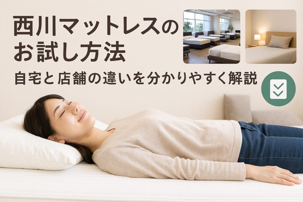 テーマ:西川マットレスのお試し方法 要素:ベッドで横になる人、ショールームのイメージ、自宅の寝室、チェックリストのアイコン 雰囲気:安心感があり、やさしく親しみやすい雰囲気 テキスト要素:「自宅と店舗の違いを分かりやすく解説」