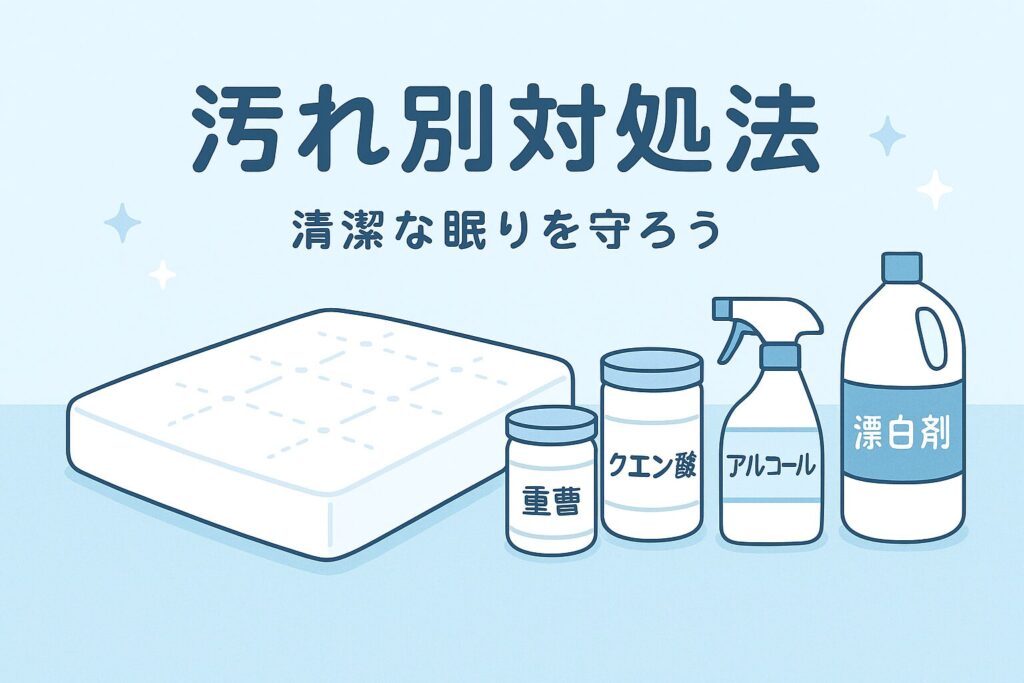 テーマ：「ごくみんマットレス本体の汚れ対処法」 要素：マットレス、洗剤ボトル、重曹、クエン酸、アルコールスプレー、漂白剤、清潔感のある白と水色を基調としたデザイン。 雰囲気：やさしく清潔感があり、初心者でも取り組みやすいイメージ。 テキスト要素：「汚れ別対処法」「清潔な眠りを守ろう」