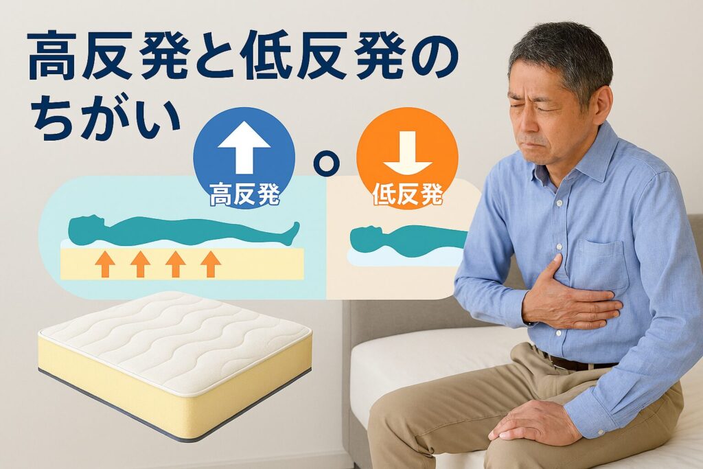 【AI生成バナー作成指示書】 テーマ：西川マットレス 高反発と低反発のちがい 要素：マットレスの画像、高反発と低反発を対比したアイコン、体圧分散イメージ図 雰囲気：清潔感があり、比較が一目でわかるシンプルなデザイン 人物像：40代男性、腰痛に悩み、マットレス選びで迷っている