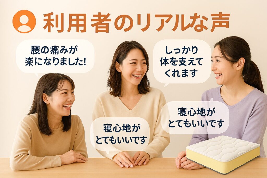 写真画像の女性3人が懇談している様子（明るく親しみやすい雰囲気） • 口コミアイコンと吹き出しコメント（「腰の痛みが楽になりました」「しっかり体を支えてくれます」「寝心地がとてもいいです」） • マットレスのイラスト（柔らかい色合いで表現） • 日本語で「利用者のリアルな声」とだけ表示 • 全体的に信頼感と親しみやすさを感じさせる柔らかい配色（ベージュ、クリーム、ラベンダーなど）