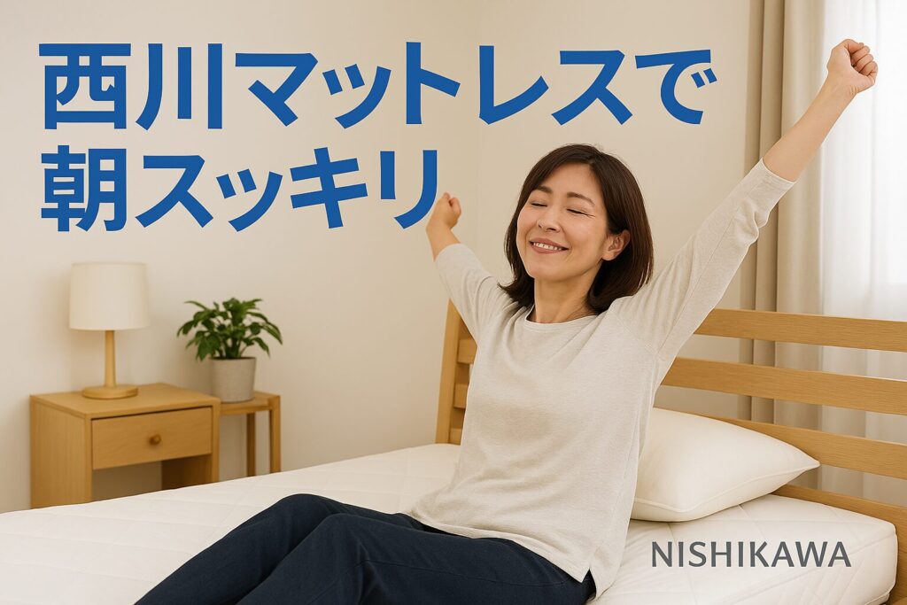 テーマ:西川マットレスで朝スッキリ 雰囲気:清潔感のある寝室イメージ、安心感と信頼感を与えるデザイン 人物像:40代女性、マットレスの上で背伸びをしてスッキリ目覚めた様子
