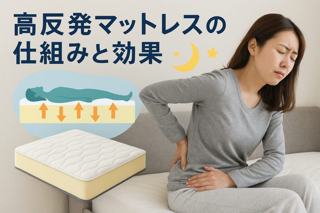 テーマ：高反発マットレスの仕組みと効果 要素：マットレスのイラスト、体圧分散のイメージ図、快眠を表す月や星のアイコン 雰囲気：清潔感・安心感があり 人物像：30代女性、腰痛持ち、寝起きのだるさに悩んでいる