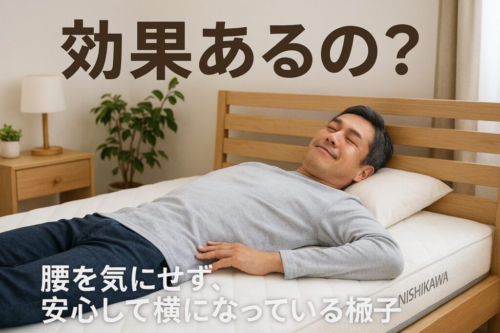 テーマ:効果あるの? 要素:西川マットレスをベッドに敷いた寝室、腰を気にしている人が安心して横になっている様子 雰囲気:清潔感のある寝室、リラックスできる穏やかな雰囲気 人物像:30代〜50代男女、腰痛に悩むが快眠を求めている層、朝すっきり起きたいという願望あり