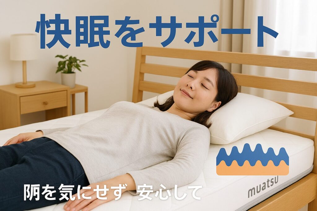 テーマ:快眠をサポート 要素:ムアツマットレスのイメージカット、凹凸構造のイラスト 雰囲気:清潔感のある明るい寝室、安心感と信頼性を感じさせるデザイン 人物像:30代の女、腰痛や肩こりに悩むが快眠を求めている