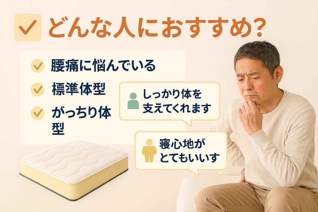 写真画像の40代男性（腰に手を添え、快眠を求める様子） • 「どんな人におすすめ？」という日本語テキストのみ表示 • チェックリスト風アイコンと体型別おすすめ表（腰痛、標準体型、がっちり体型） • マットレスのイラスト（柔らかな色合いで構成） • 全体的に安心感と信頼性を感じさせるベージュ系の柔らかいデザイン